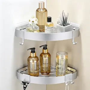 Wall Mounted Shower Organizer with Adhesive Strips, No Drilling Rust Proof Aluminum Corner Shelf for Bathroom Storage, 2 Pack Silver Adhesive Corner Caddy with Hooks, Shower Shelf Inside Shower Organizer