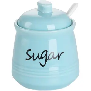 Ceramic Sugar Bowl with Lid and Spoon 12oz (Turquoise Blue)