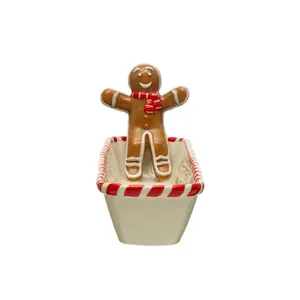Ceramic Cracker Dish w/ Candy Cane Edge & Gingerbread Man