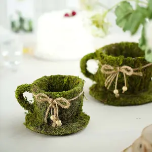 Set of 2 Preserved Moss Planter Boxes 5", 4" Teacup Shaped Green with Twine - Decorative Flower Baskets