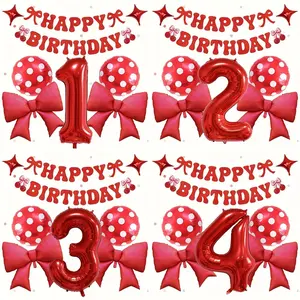 Theme 32 Inch Number Balloon Set, Includes Happy Birthday Banner, Large Bow Tie, Polka Dot Balls, Perfect for First Birthday Party Decorations