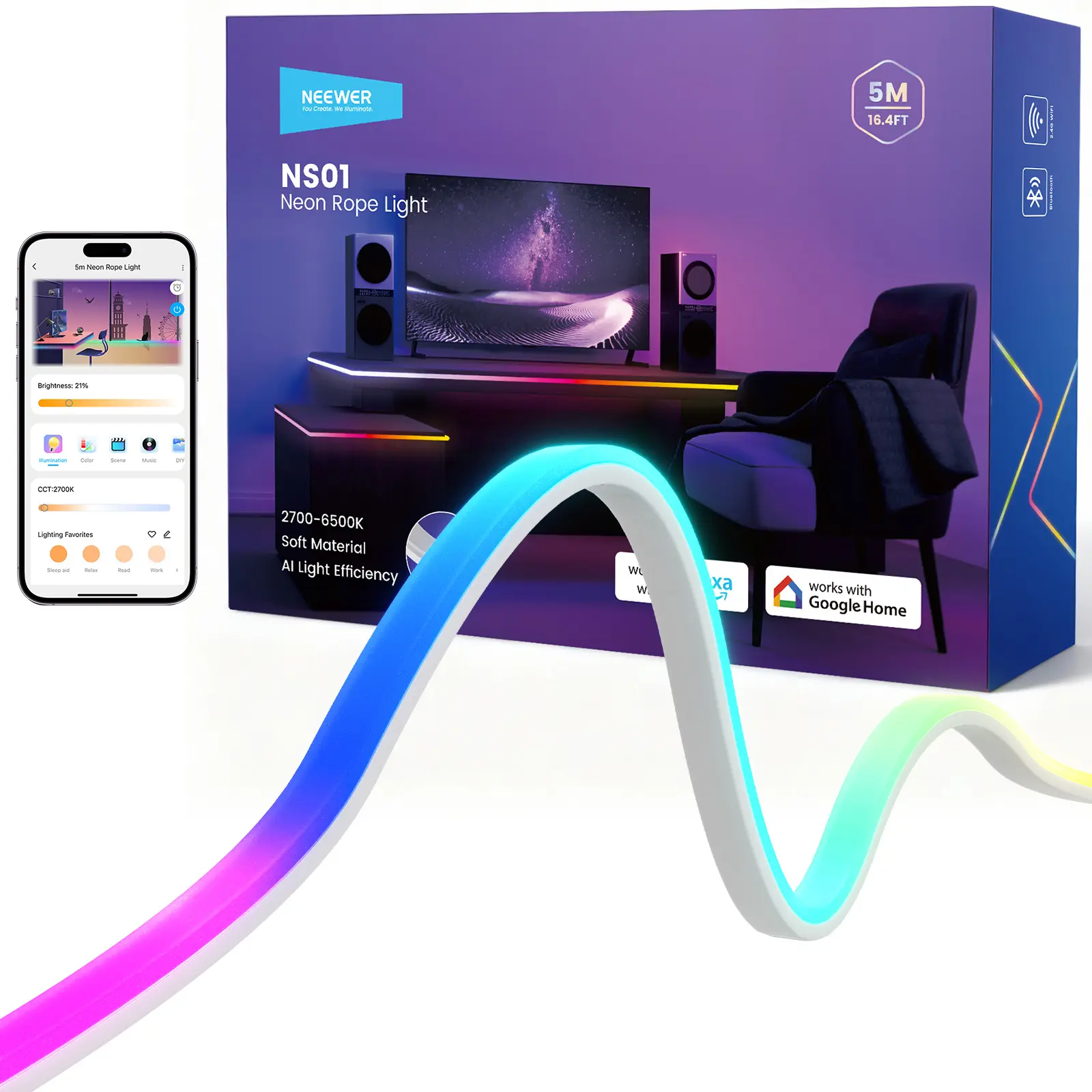 NEEWER NS01 9.84ft/16.4ft LED Strip Lights Front Lit, Smart AI RGB IC Cuttable Neon Rope Light, App Control Color Changing, Bedroom Gaming Room Home Indoor Wall Decor, Compatible with Google and Alexa