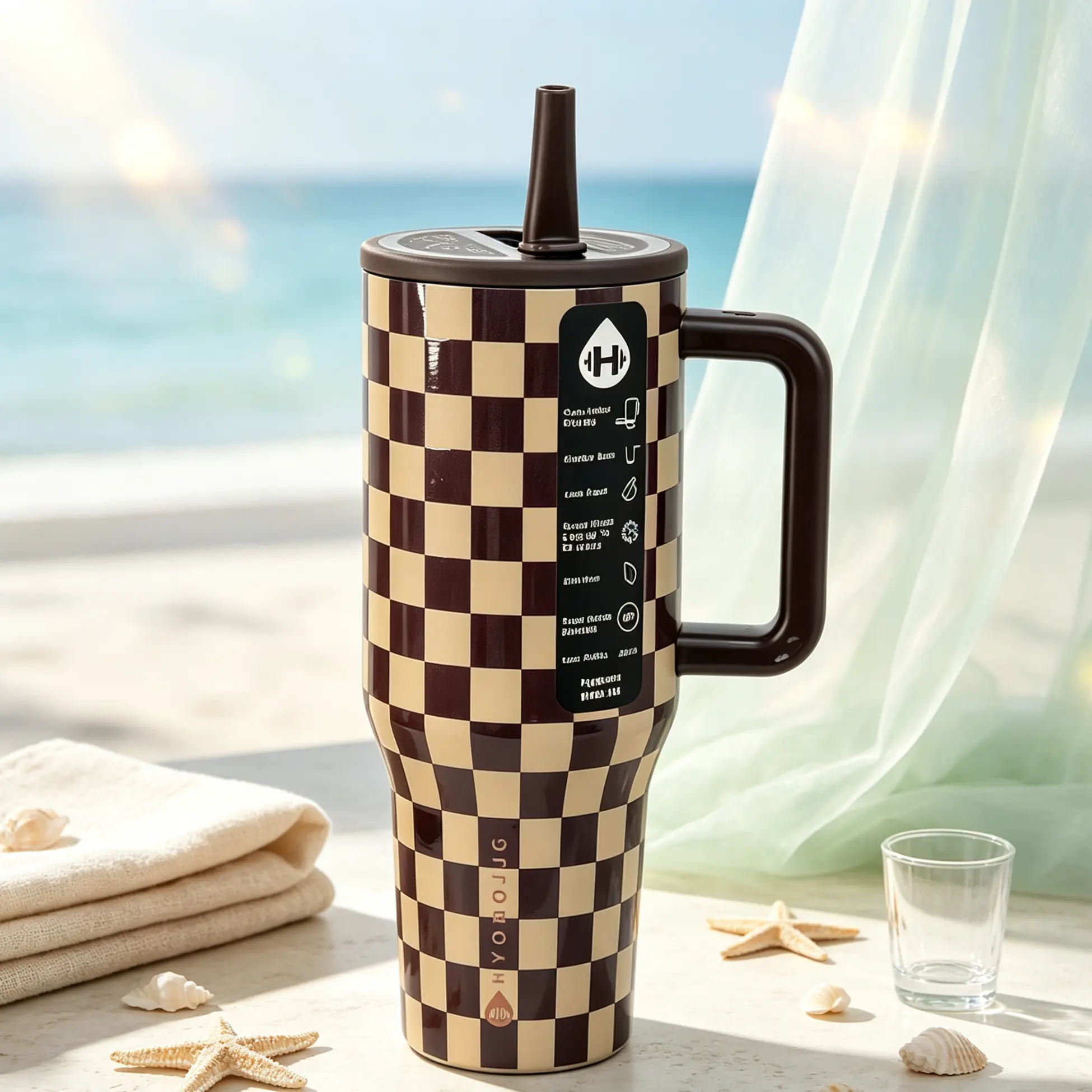 HydroJug 40oz Insulated Stainless Steel Flask - Portable, Stylish, Modern Brown Checkerboard Print Tumbler with Handle, Straw Lid, Leak-Proof Design, 24-Hour Cold Retention, Car Cup Holder Friendly for Gym, Outdoor Use, Flasks, Outdoor Travel