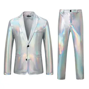 ZEROYAA Men's 2-Piece Metallic Shiny Sequin Suit - Long Sleeve Blazer with Pockets, Elastic Gradient Pants for Party, Prom, Night Club Events
