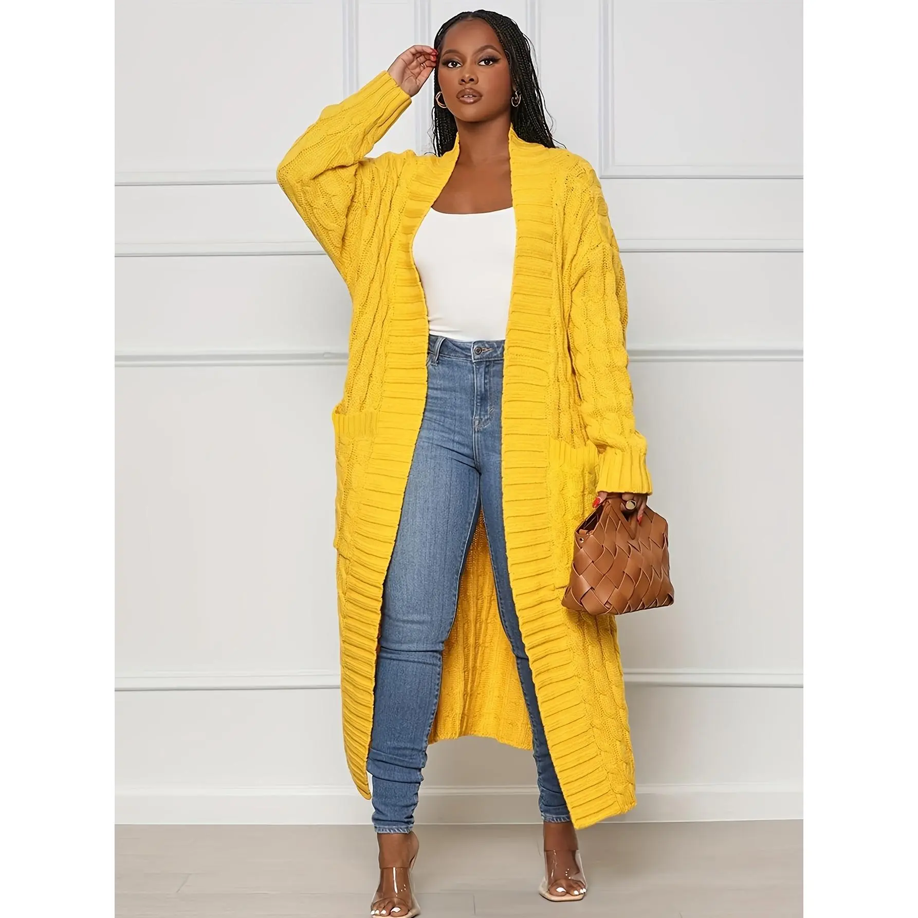 Women's Long-Length Cable Knitting Cardigan - Acrylic Material Longsleeves Tops with Pockets, Elegant Solid Knitwear