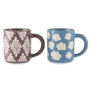 2 Pack Blue Skies with Clouds & Purple with White Flowers Mugs 19.6 fl oz Stoneware Durable Gold Rims Elegant Design for Coffee Tea