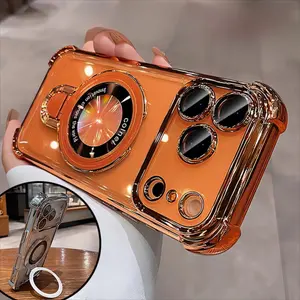 NganGee Protective Four Comers thicken Cushion Drop-proof Clear Platic magsafe Phone Case Comes with Sticky Stand Olated Clear Bracket Phone Case for iPhone12-17ProMax Cover with Kickstand Four Corners Cases clear kickstand