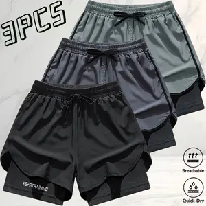 Men’s 3-piece set: versatile classic double-layer anti-exposure quick-dry shorts—casual athletic style for everyday wear. Breathable, skin-friendly, wrinkle-resistant quick-dry fabric that’s durable and easy to care for. Elastic drawstring waistband enhan