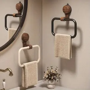 No-Drill Suction Cup Bathroom Towel Rack - Vintage Walnut Finish Aluminum Round Ring, Suction Cup Hooks, Adhesive Mount, Space-Saving Shower Organizer for Black Decor, Bathroom Shower Organizer
