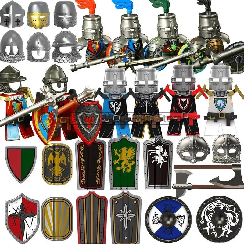 Medieval Figure MOC Building Block Castle Armor Templar Knights Militia Soldiers Gunners Shield Helmet Assembling Brick Toys N10