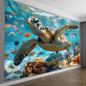 2D Flat, 1pc Vibrant Underwater Scene Turtle & Coral Reef Wall Tapestry - Colorful Fish & Marine Life Design, Polyester Fabric, Perfect for Living Room, Bedroom, Office, or Party Decor, Turtle Decor