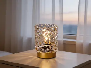 Battery-powered cordless table lamp with timer. Rhombus textured crystal design, compact clear aesthetic decor for bedroom, bathroom, kitchen and dorm.