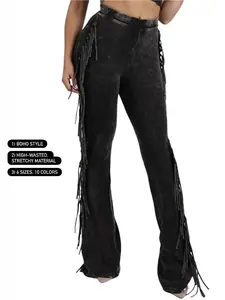 Fringe-Detailed Mineral Washed Pants for Women - Comfortable Cotton and Elastic Design with Flared Side Detail Fit Bottom Western style festival outfit