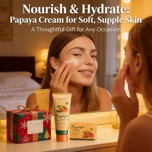 Papaya Facial Care Hydrating Three-Piece Set, including moisturizing cream and papaya facial cleanser. Suitable for various skin types, with a sweet and long-lasting fragrance. A perfect gift for friends during the holidays.