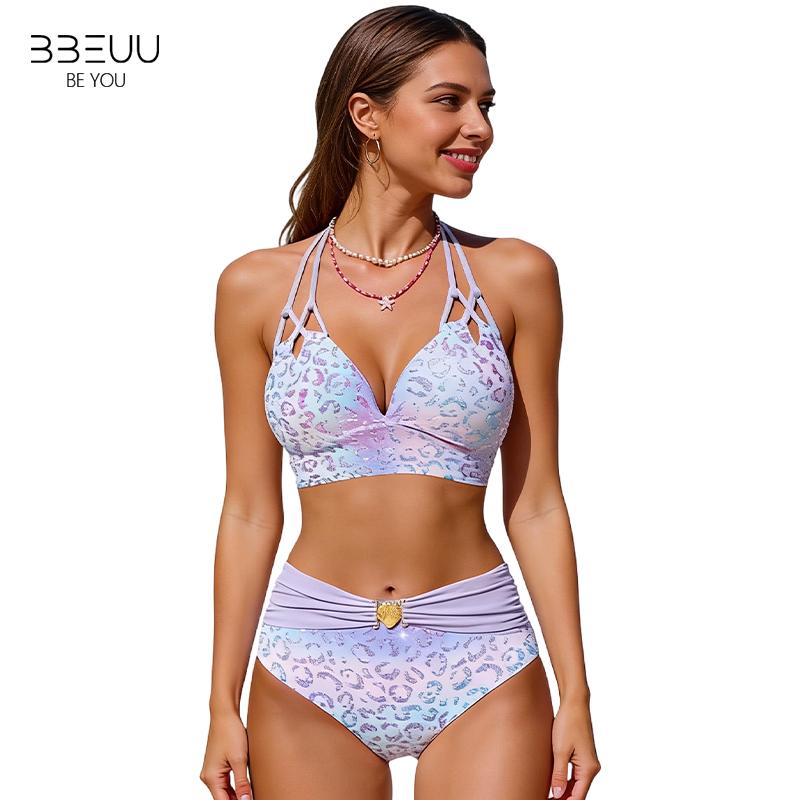 BBEUU Gradient Leopard Print High-Waisted Bikini Set with Adjustable Halter Tie-Back Top Ruched Waistband Durable Polyester Fabric in Pink Blue Purple Green Yellow Sizes S-3XL