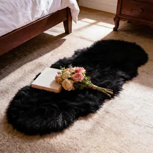 Ultra Soft Faux  Rug,  Shaggy 2 x 6 Ft Sheepskin , Black Plush Faux Area for Bedroom  Living Room