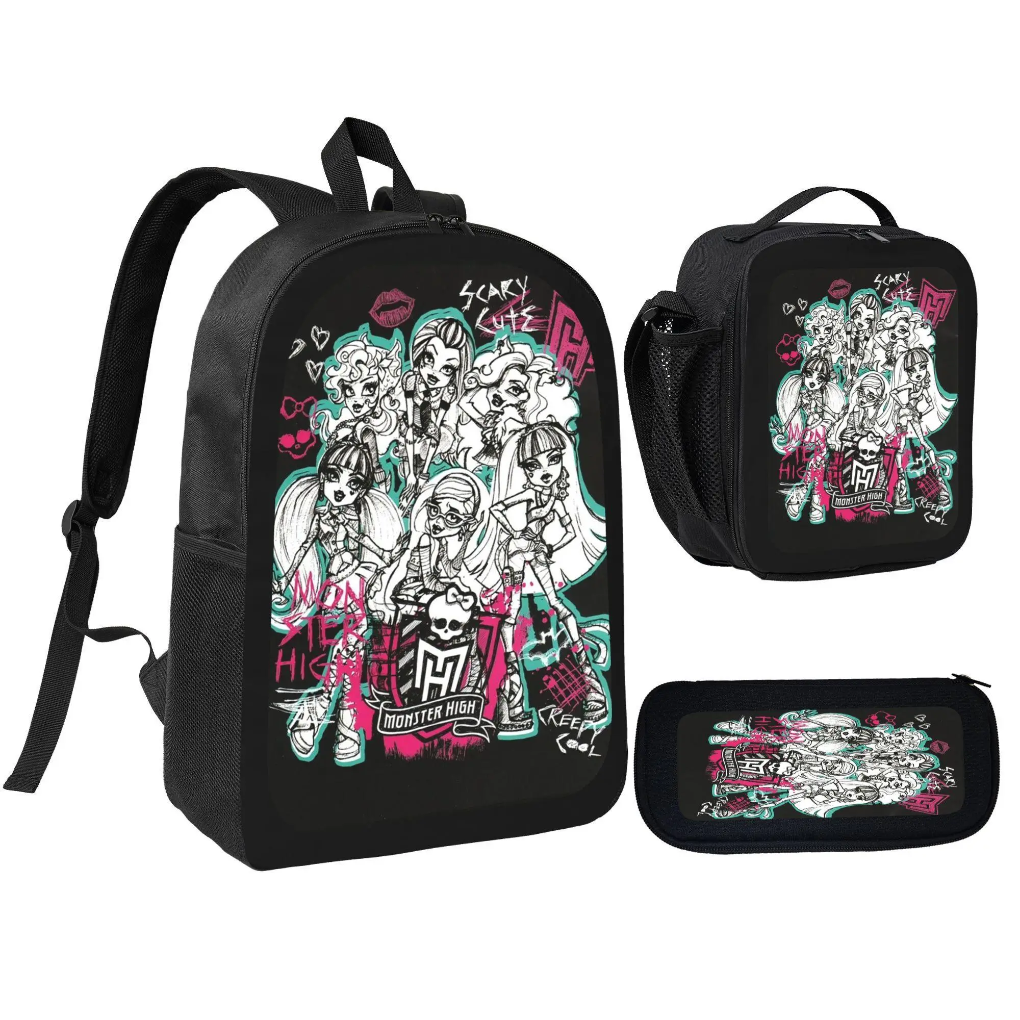 Monster High Character Print 3 In 1 Backpack Set Polyester Large Capacity Bookbag With Lunch Bag And Pencil Case Lightweight Travel Daypack Fan Gift