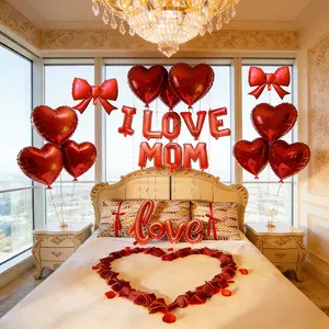 Mother's Day Decorations Set, Heart-Shaped Balloons & I Love Mom Sign, Romantic Rose Petals, Perfect Gift for Mother's Day