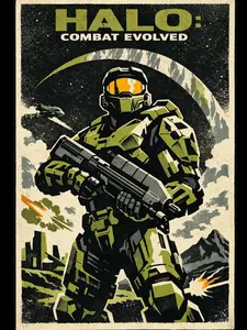 Halo Combat Evolved Unframed Poster - Retro Sci-Fi Video Game Art Print - Master Chief Spartan Armor Illustration - Legendary Xbox Gaming Wall Decor