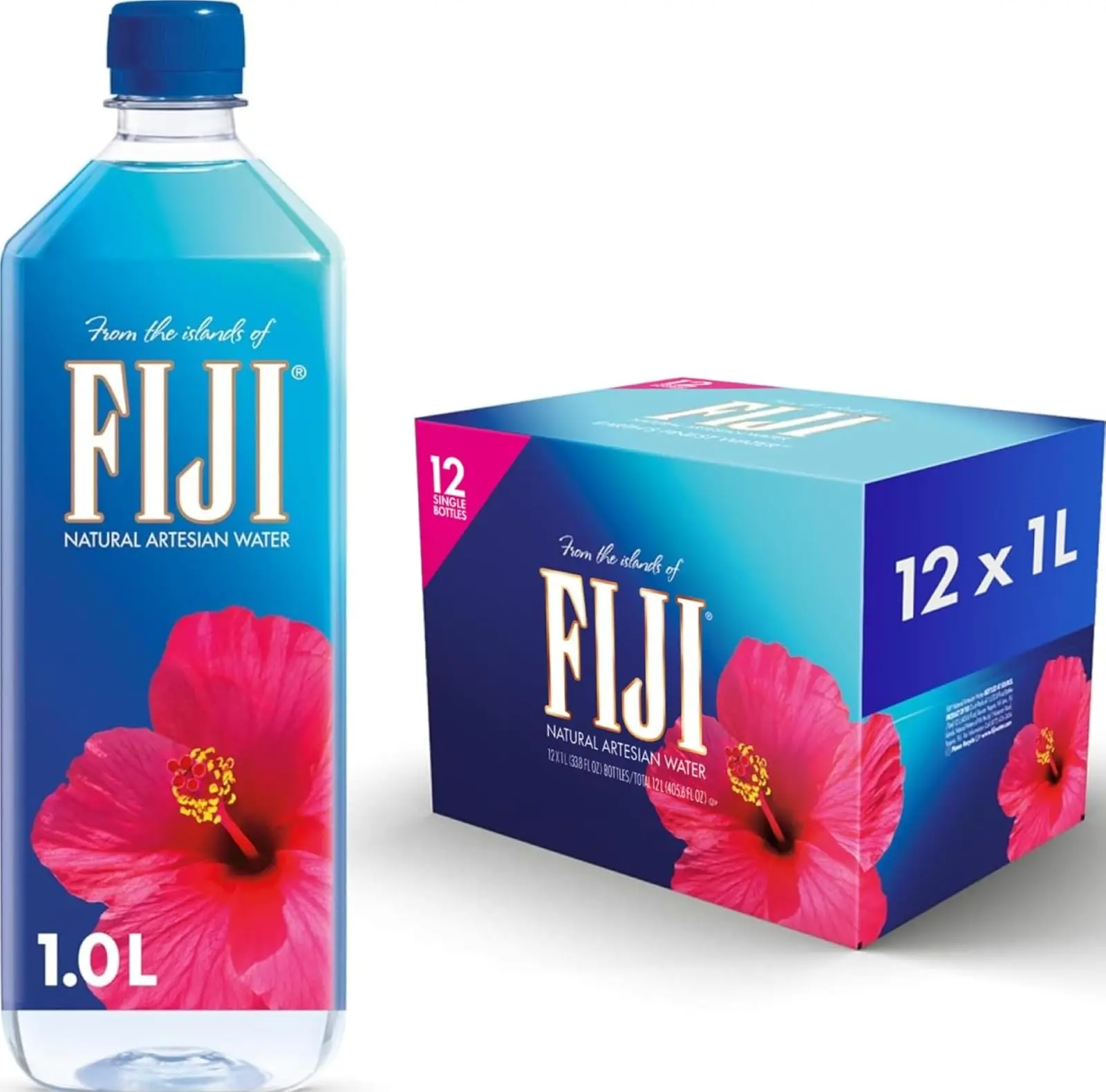 FIJI Natural Artesian Bottled Water, 1 Liter / 33.8 Fl Oz (Pack of 12) | 100% Natural Electrolytes, Large Water Bottles 12 Pack, Agua