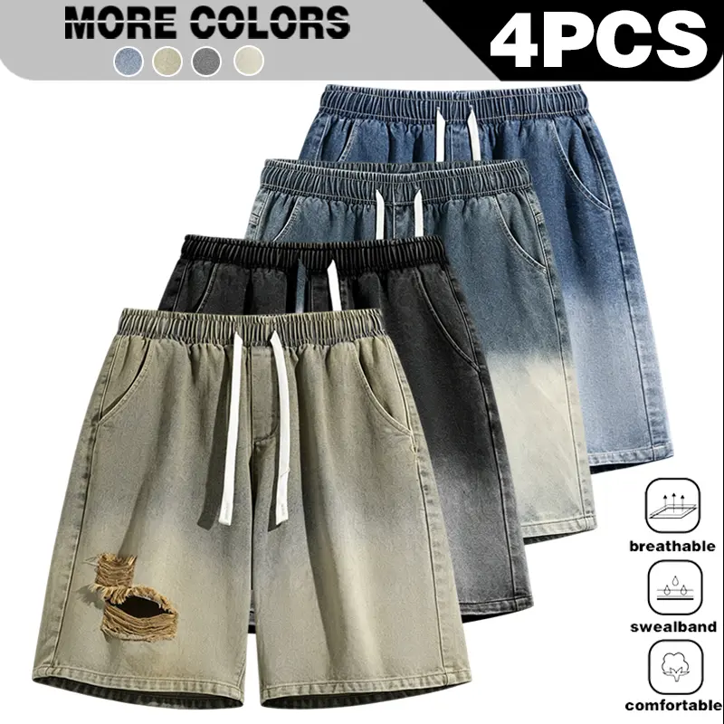Summer new denim shorts casual fashion loose gradient ripped jeans drawstring jeans