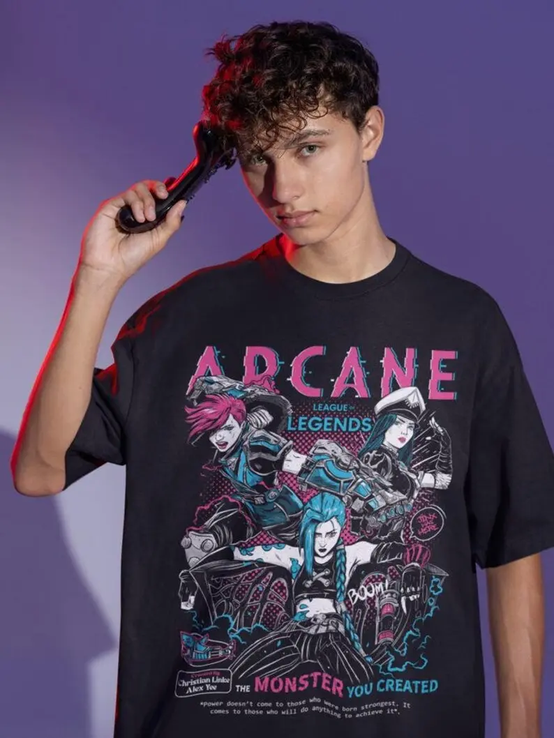 Arcane League of Legends Graphic T-Shirt Jinx Vi Caitlyn Neon Anime Gamer Tee Oversized Cyberpunk Streetwear Merch