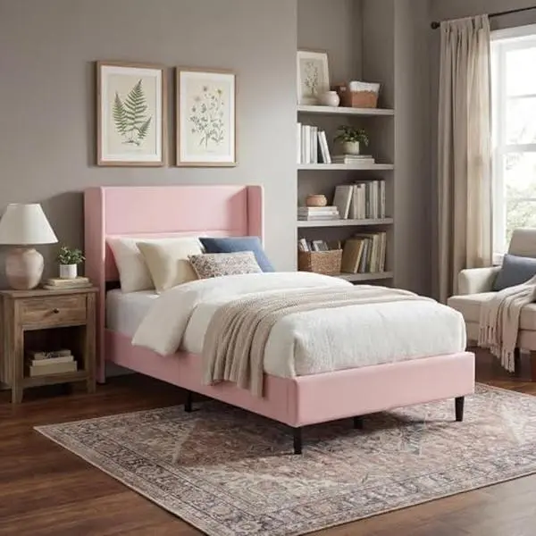 Gaomon Blush Pink Twin Size Tufted Velvet Wingback Upholstered Platform Bed Frame - Wood Slats Support, 5" Under-Bed Space, No Box Spring Needed, Easy Assembly