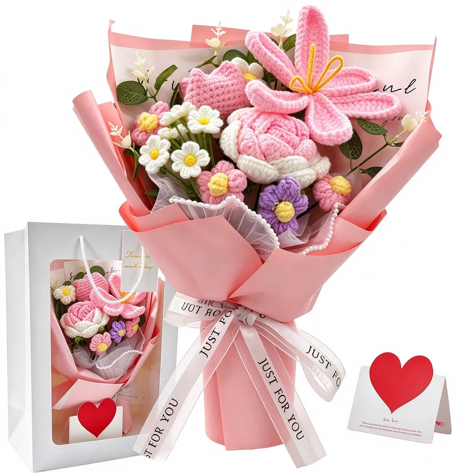 Crochet Flowers Bouquet with Gifts Bag,Hand Knitted Flower For Weddings & Anniversaries,Valentine's Day Gifts Birthday,Mother’S Day, Teacher’S Day ,Pink Decorative Artificial Flower Set forever lasting
