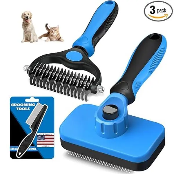3 in 1 Pet Grooming Kit for Dogs & Cats, Dog Brush & Cat Brush, Bath Massage Brush, Flea Comb & Grooming Comb, Deep Cleaning Hair Removal Tool, Pet Care Supplies for Short & Long Hair Pets