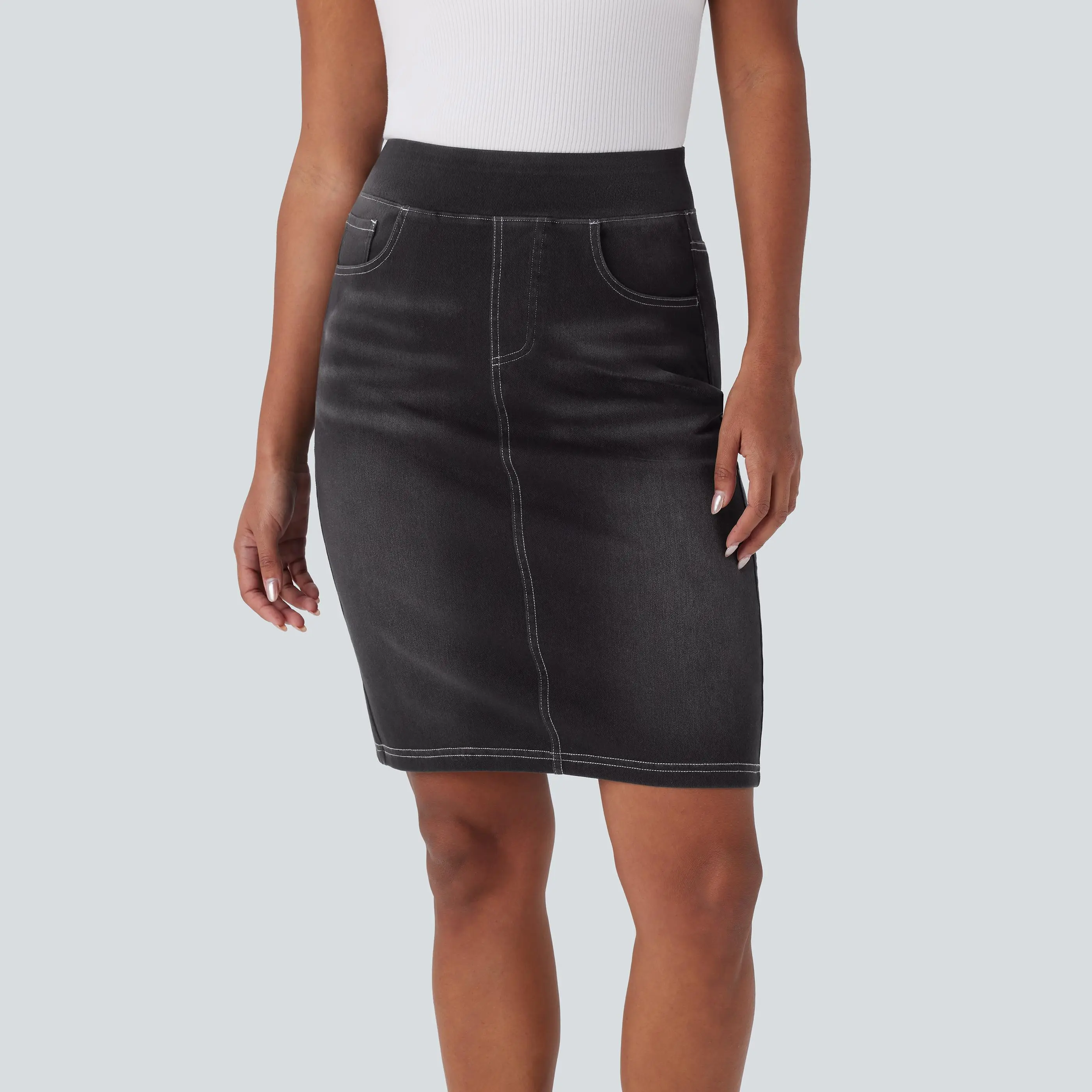Halara Flex High Waisted Multiple Pockets Split Washed Stretchy Knit Denim Casual Skirt Black Breathable