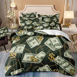 3-piece down duvet cover with USD banknotes and chain patterns on a green background, 3D digital printed bedding, suitable for home decoration in bedrooms and guest rooms (1 * down duvet cover 2 * pillowcase, no down duvet core), Duvet Cover Sets