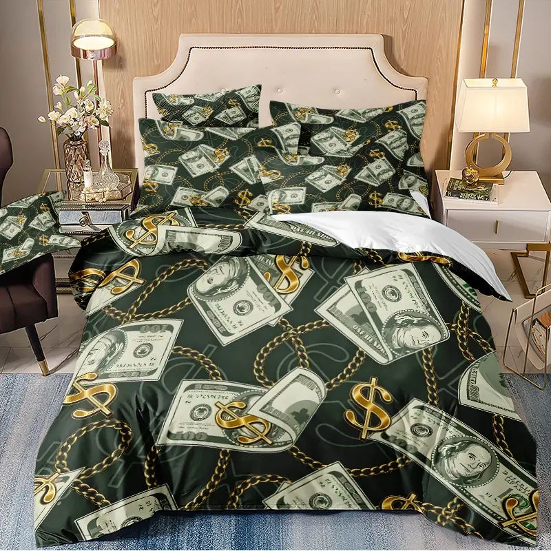 3-piece down duvet cover with USD banknotes and chain patterns on a green background, 3D digital printed bedding, suitable for home decoration in bedrooms and guest rooms (1 * down duvet cover 2 * pillowcase, no down duvet core), Duvet Cover Sets