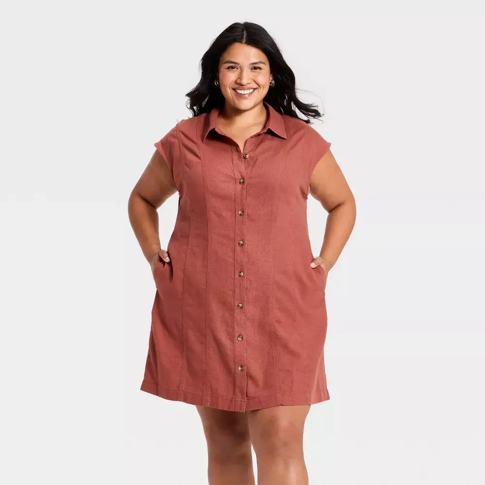 Women's Short Sleeve Mini Shirt Dress - Universal Thread Rust XXL