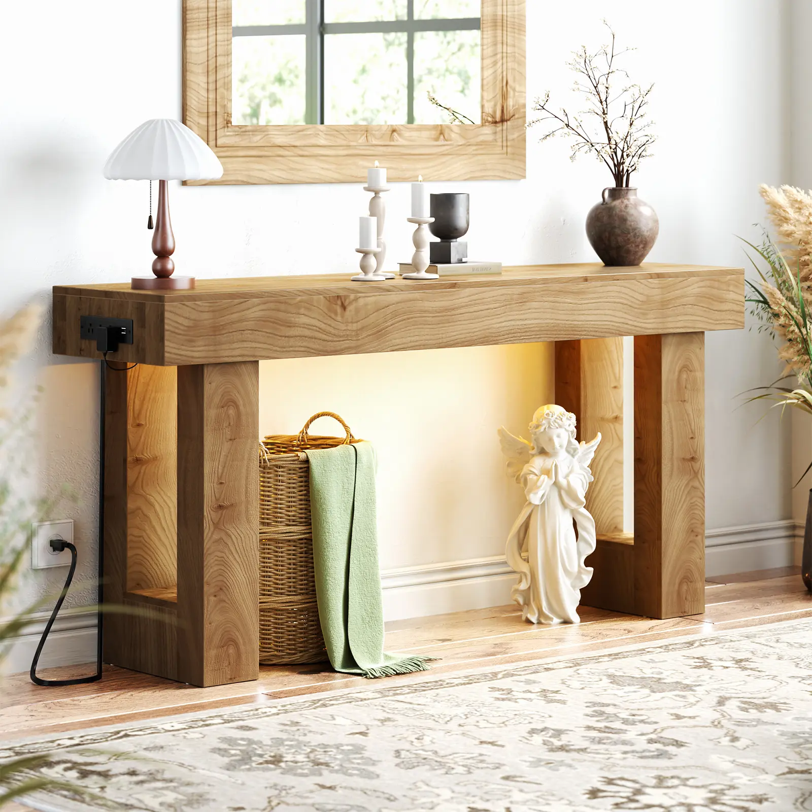 Unikito Narrow Console Table with Electrical Outlet 63 Inch Entryway Table with Open Shelf Multi-Functional Farmhouse Sofa Table for Hallway or Living Room White Durable MDF Board with USB Ports