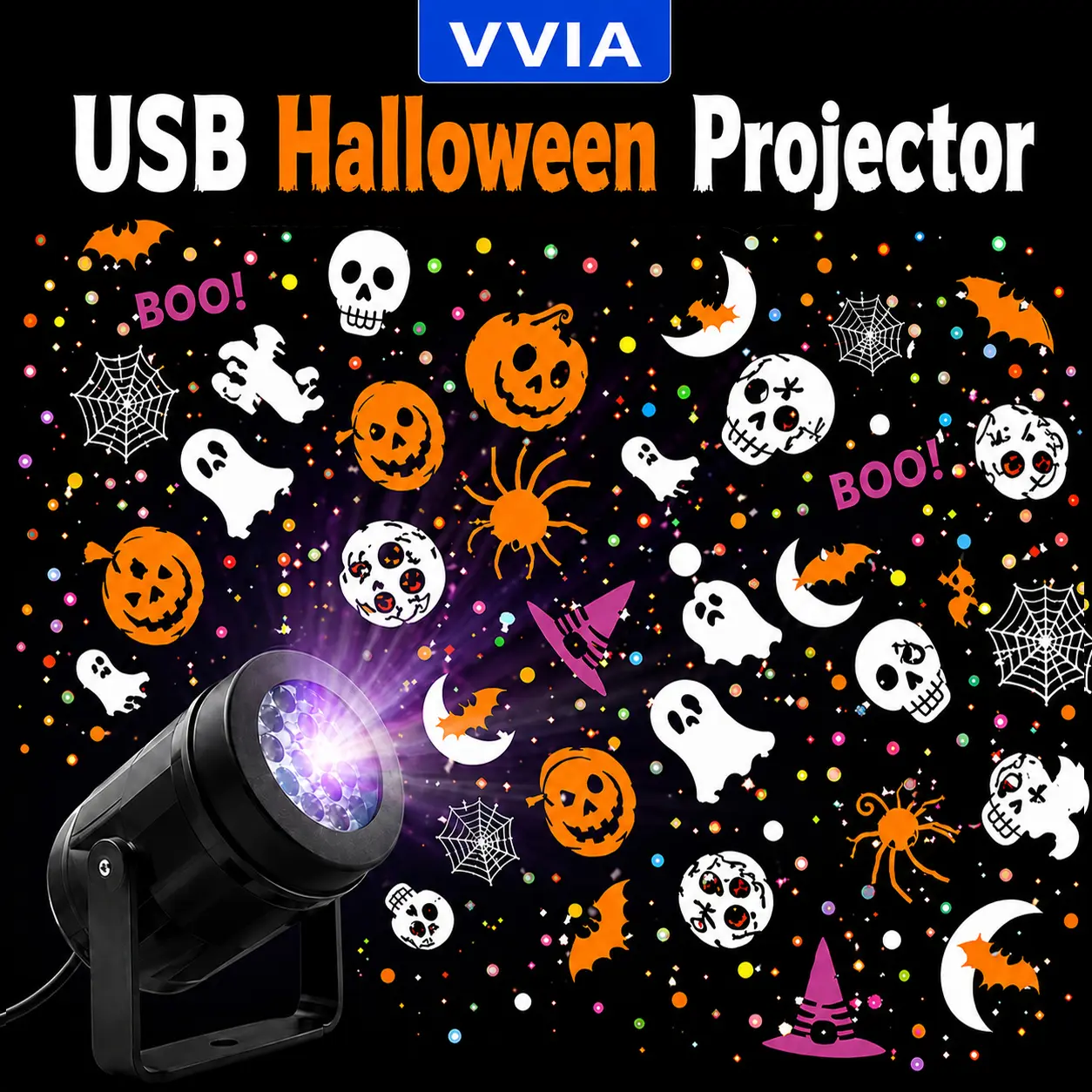 Halloween Projector Light, USB Powered Adjustable Projection Lamp with Ghost, Skull, Spider Web, Witch Hat, Moon, Spider & Bat Patterns for Bedroom, Kids Room, Party & Home Decor, Kids, Teens & Families