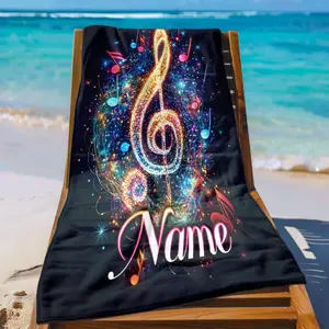 Personalized Music Note Print Beach Towel - 1pc Custom Name/Text, Cozy Bath & Sports Towel, Large Quick-Dry Microfiber (55x27in or 63x31in), Lightweight Soft Ultra-Absorbent for Beach, Pool, Musicians & Music Lovers Gift