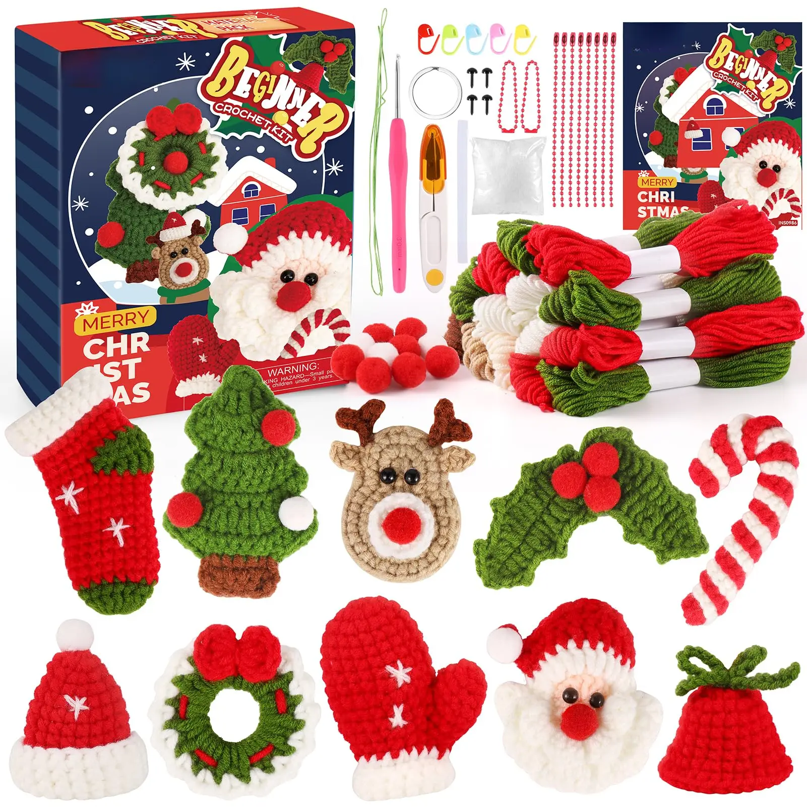 Beginner Crochet Kit with Step-by-Step Video Tutorials, Crochet Patterns, Starter Kit for Christmas Theme