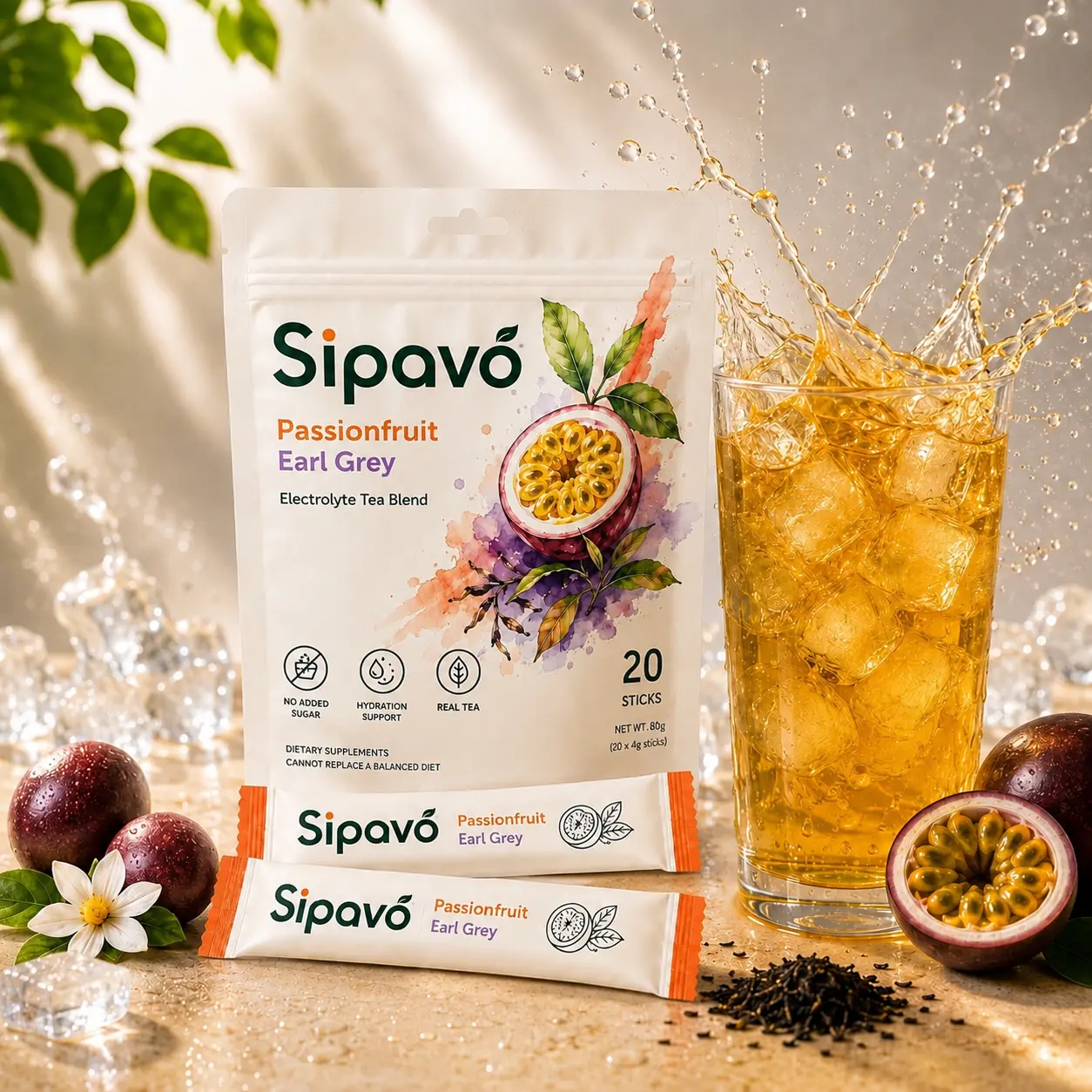 Sipavo Passionfruit Earl Grey Electrolyte Drink Mix – Tea-Inspired Hydration Powder with Sodium, Potassium & Vitamin C – No Added Sugar, 5 Calories, 20 Sticks