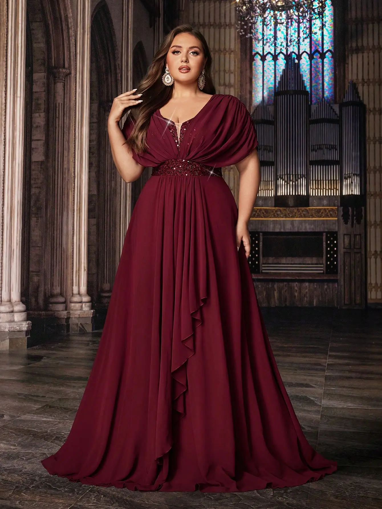 Plus Size Burgundy Chiffon Evening Gown V-Neck Cape Sleeve Formal Dinner Party Dress for Special Occasions Non-Stretch Fabric Elegant Silhouette - Fashion