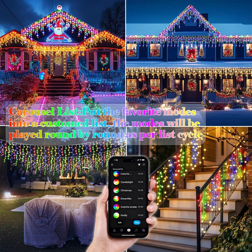 Smart RGB Icicle  Outdoor 20Ft 240LEDs 48 Drops, APP & Remote Control Music Sync Christmas Roof Icicle ,  Millions of Functions,  Clear Wire,Timer, Brightness Adjustable, Color Changing lights lampara