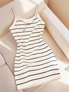 White & Black Striped Spaghetti Strap Mini Dress, Boho Cami Dress, Casual Chic Dress, Ribbed Bodycon Dress for Women, Minimalist Aesthetic, Soft Stretchy Knit Fabric, Casual Summer & Beachwear Essential