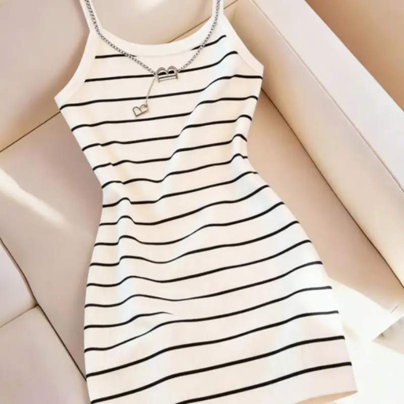 White & Black Striped Spaghetti Strap Mini Dress, Boho Cami Dress, Bohemian Casual Wear, Casual Chic Dress, Casual Knitted Dress, Ribbed Bodycon Dress for Women, Minimalist Aesthetic, Soft Stretchy Knit Fabric, Casual Summer & Beachwear Essential