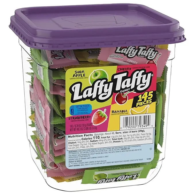 Laffy Taffy Candy Assorted Fruit Flavored Taffy Candy Sour Apple Cherry Strawberry & Banana Flavors 145 Pieces US Halloween Candies for Fall Season Spooky Treats Best For Trick-or-treat Sweet Snack Bonbon Chewy Bite Tangy