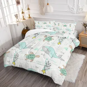 2/3pcs Cute Whale & Turtle Print Comforter Set,Simple Drawings of Marine Life,Soft Microfiber Bedding Set with Pillowcase,Nautical Themed Decor Bed Set for Kids & Marine Life Lovers Bedroom