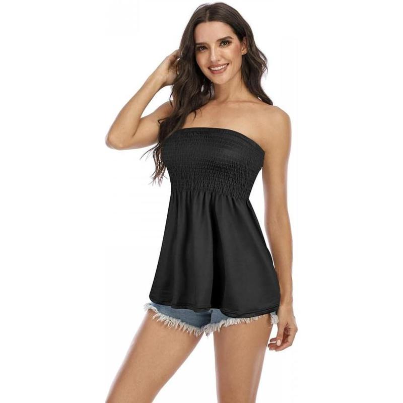 Women's Strapless Sleeveless Tube Tops Pleated Stretch Tunic Tanks Summer Blouse Cami Shirt Womenswear Bridal Basic Black Fitted Minimalist