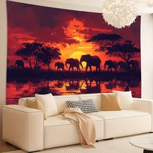 Elephant Sunset Tapestry - Vibrant Polyester Wall Hanging, Serene African River Scene with Majestic Elephants, Perfect for Living Room, Bedroom, Office, or Party Decor, No Power Needed, Living Room Decor | Sunset Scene | Polyester Tapestry, Elephant Decor