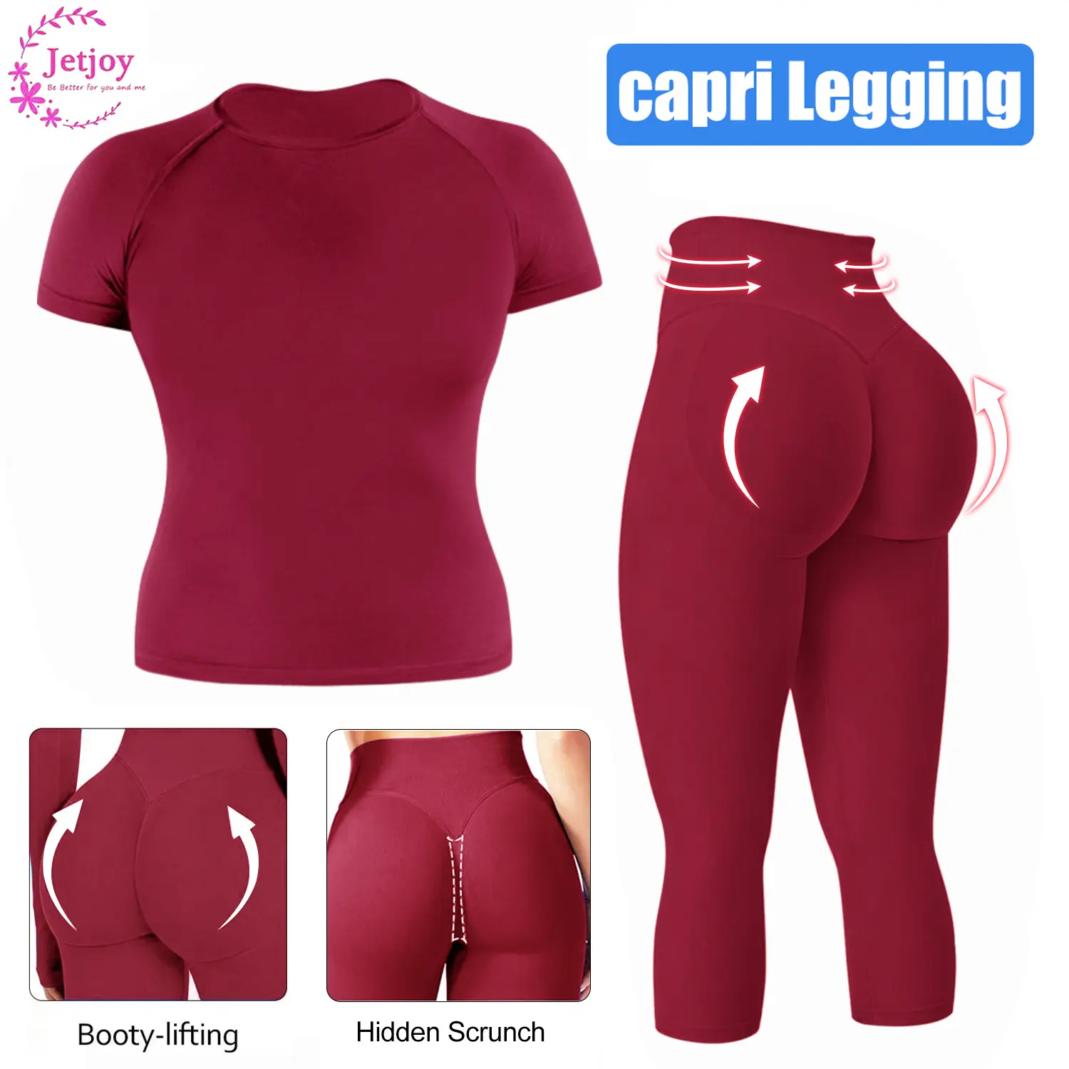 Jetjoy Workout Sets for Women 2 Piece, Seamless Gym Sets for Women Short Sleeve T-Shirts Tank Top Capri Leggings Sets Gym Work Pilates Outfits Fitness & Casual Wear Yoga Outfits Gym Tracksuit summeroutfit