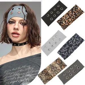 Punk Women Hollow Out Metal Eyelets Elastic Headband Y2k Punk Girls Rock Stretchy Wide Hairbands Headwear Hair Accessories
