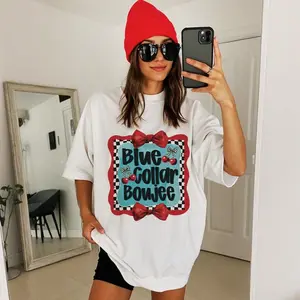 Blue Collar Boujee Tshirt, Retro Cherry Bow Design Checkered Preppy Graphic Tee, Cowgirl Coquette Sublimation, Boujee Shirt Art Womenswear