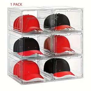 Stackable Transparent Hat Storage Box with Magnetic Door, Holds 8 Hats, Cap Organizer Storage, Ideal for Baseball Caps, Dolls, Shoes Display